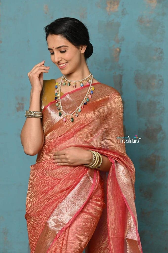 Tyohaar ~ Exclusive! Banarasi Handloom Crushed - Pure Tissue Silk Saree ~ Serene Peachy Orange ( Silk Mark Certified) view 4