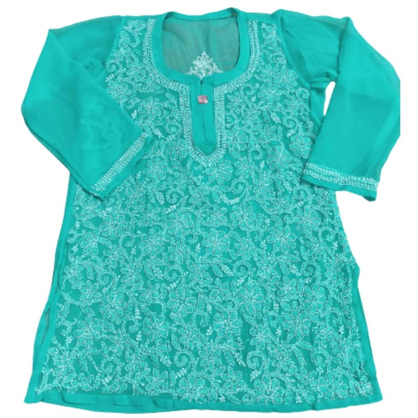 FASHION BONES Women's Sheer Georgette Handcrafted Lucknowi Chikankari Embroidery Short Kurti for Office Wear College Party Daily Casual view 5