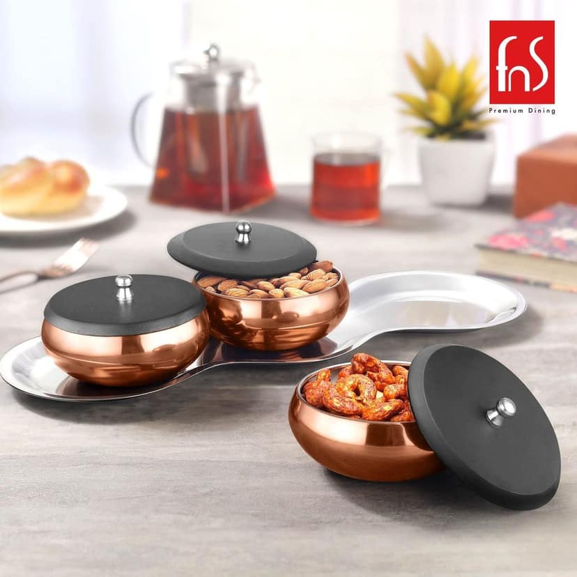 FNS International Pvt Ltd Stainless Steel Multipurpose 3 Serving Bowl with Tray and 3 Lid (Rose Gold) view 2