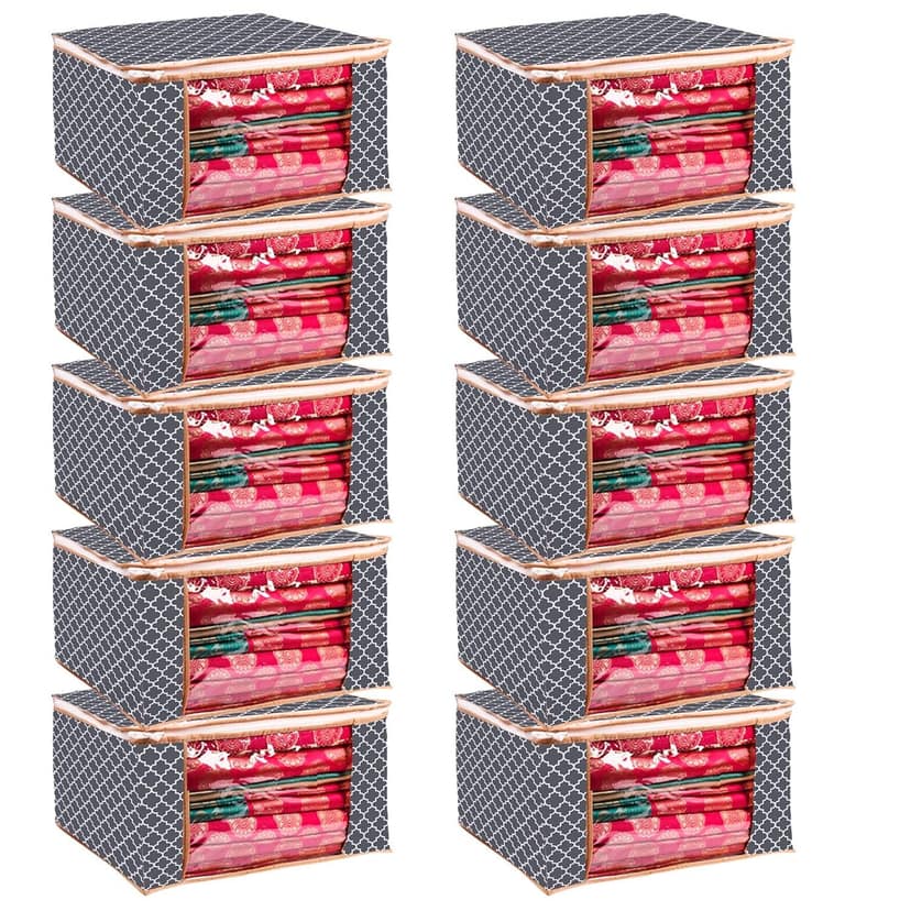 Panchhi Store Clothes Organiser for Wardrobe Storage Box for Clothes Non Woven Almirah Organizer for Clothes Cloth Storage Box with Window & Zip Storage Organizer for Lehenga, Suit, Dress Saree 10 Pcs