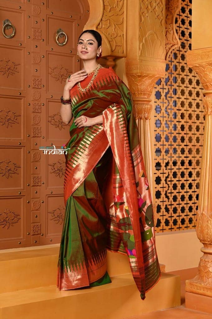 Shubh~ VMI Exclusive! Handloom Pure Silk Mahalakshmi Paithani Saree With Most Traditional Temple Border in Green