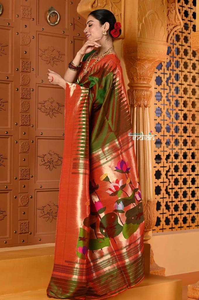 Shubh~ VMI Exclusive! Handloom Pure Silk Mahalakshmi Paithani Saree With Most Traditional Temple Border in Green view 2