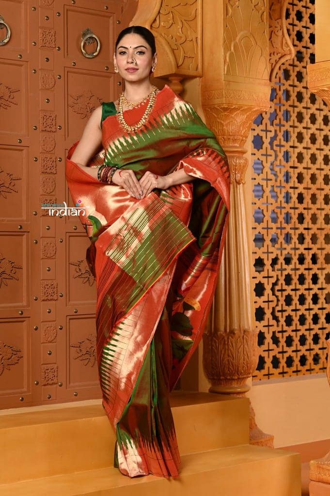 Shubh~ VMI Exclusive! Handloom Pure Silk Mahalakshmi Paithani Saree With Most Traditional Temple Border in Green view 4