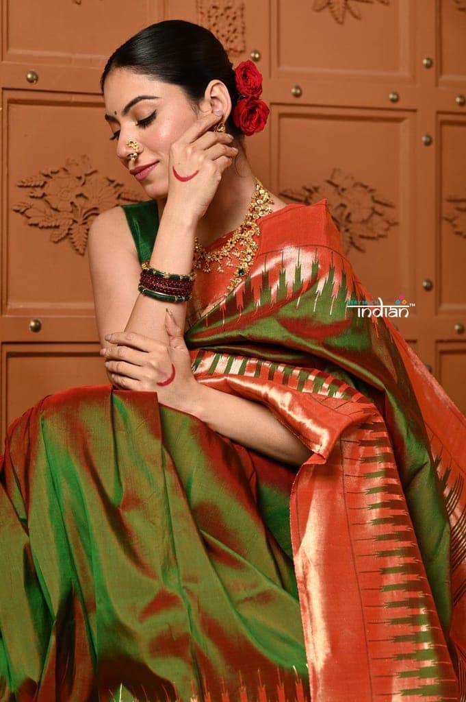 Shubh~ VMI Exclusive! Handloom Pure Silk Mahalakshmi Paithani Saree With Most Traditional Temple Border in Green view 5