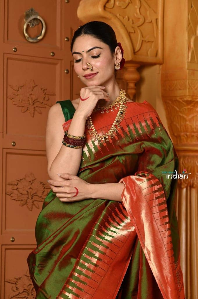 Shubh~ VMI Exclusive! Handloom Pure Silk Mahalakshmi Paithani Saree With Most Traditional Temple Border in Green view 6