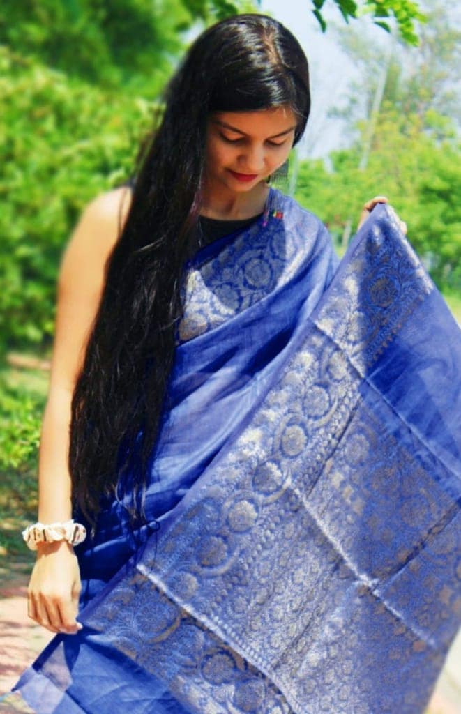 Silk Linen Banarasi Brocade Handloom Sapphire Blue Saree with Blouse-7783 view 2