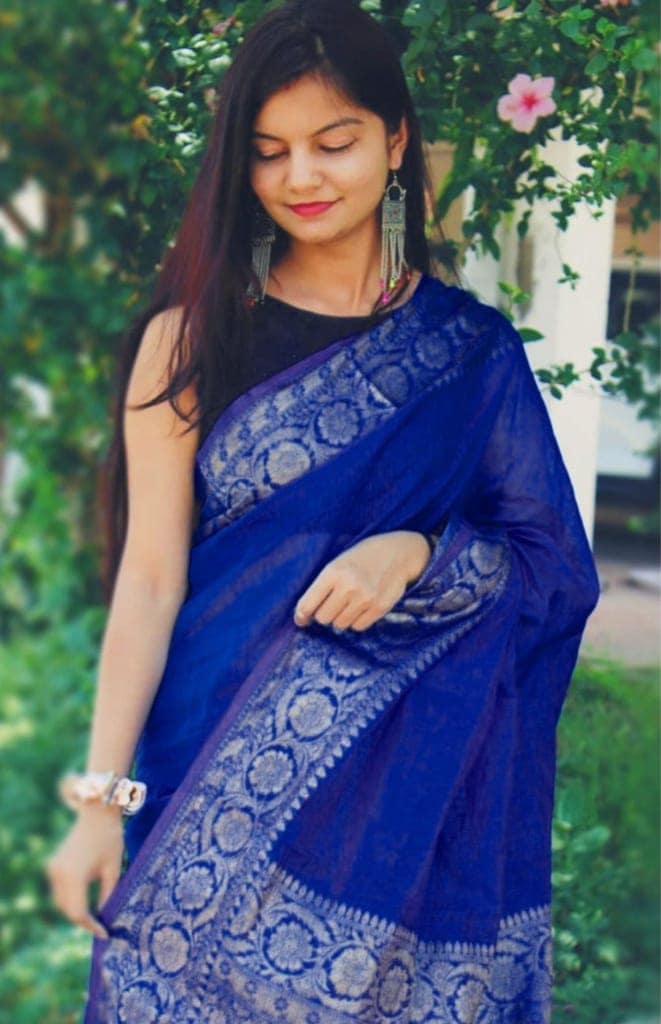 Silk Linen Banarasi Brocade Handloom Sapphire Blue Saree with Blouse-7783 view 3