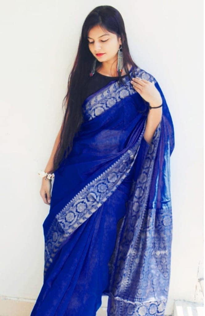Silk Linen Banarasi Brocade Handloom Sapphire Blue Saree with Blouse-7783 view 5