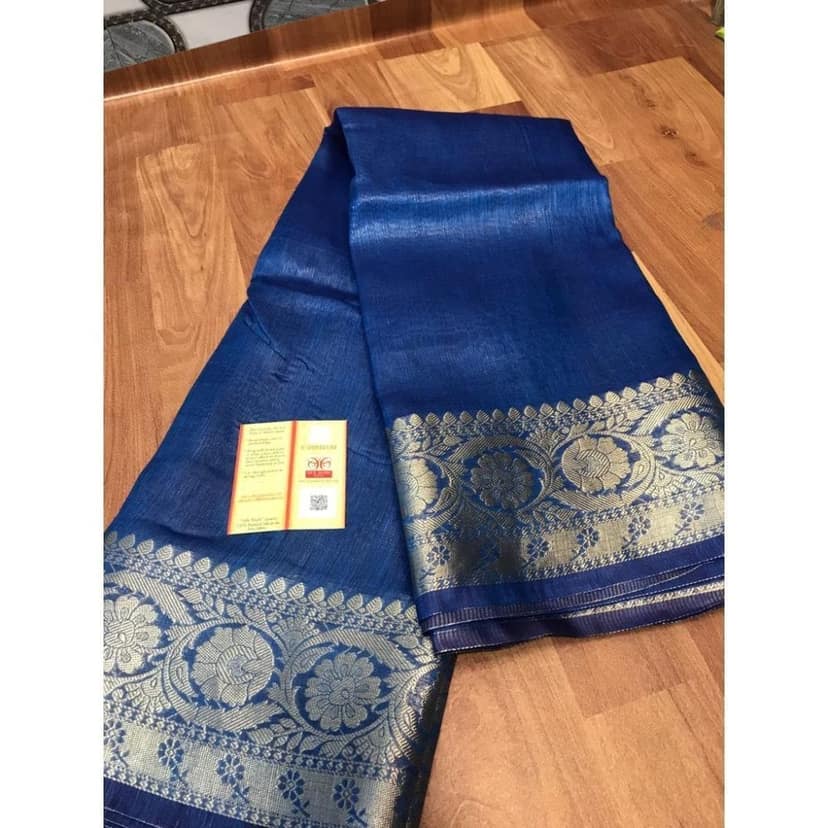 Silk Linen Banarasi Brocade Handloom Sapphire Blue Saree with Blouse-7783 view 7