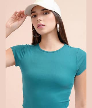 Tokyo Talkies Women's Cotton Blend Crop Top ( Teal )