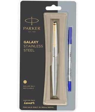 Parker Galaxy Stainless Steel Gold Trim Roller Ball Pen (Blue)