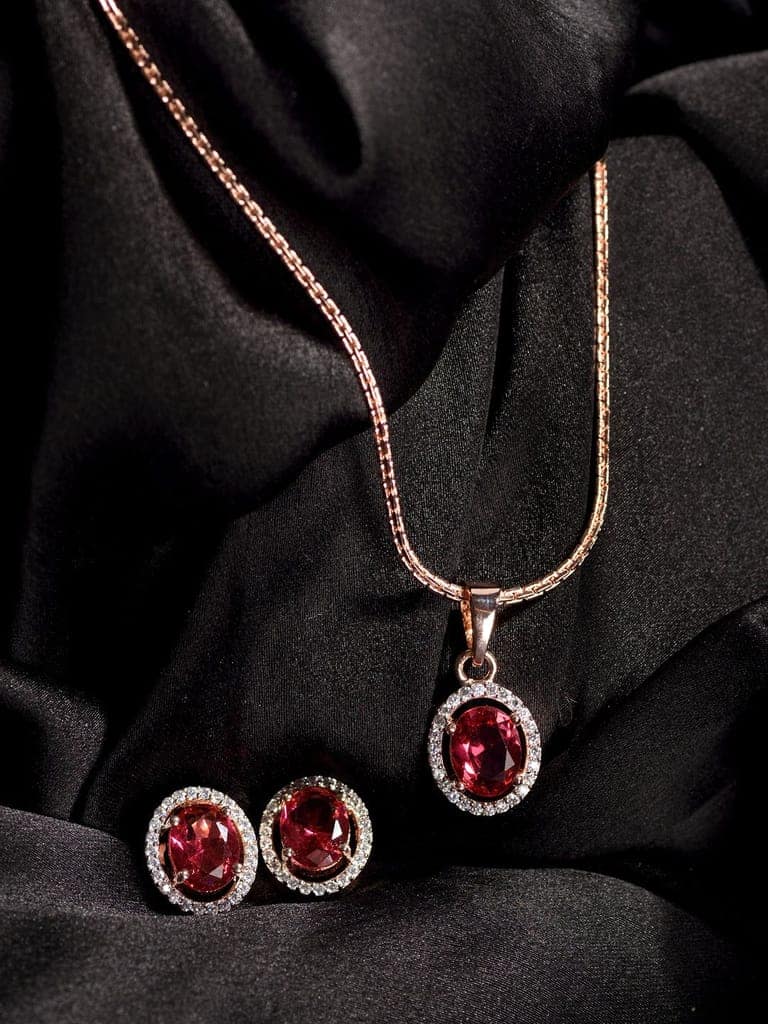 Rose Gold Plated Radiant Red AD Solitaire pendant Locket Set Earrings and Chain view 4