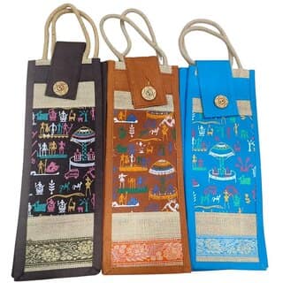 Blue Brown Orange Premium Jute Bottle Bag For Boys Girls (Pack of 3)
