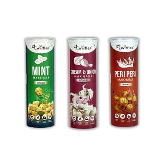 Twirtles Makhana Pack of 3 - Mint, Cream & Onion and Peri Peri (3 x 75g) Flavorful Snack Adventure - 225 gm - Three flavored packs