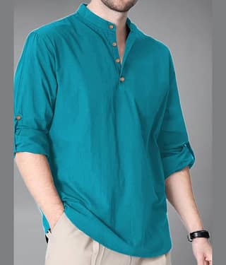 Vida Loca Cotton Blend Plain Shirt Style Kurta For Men ( Turquoise )