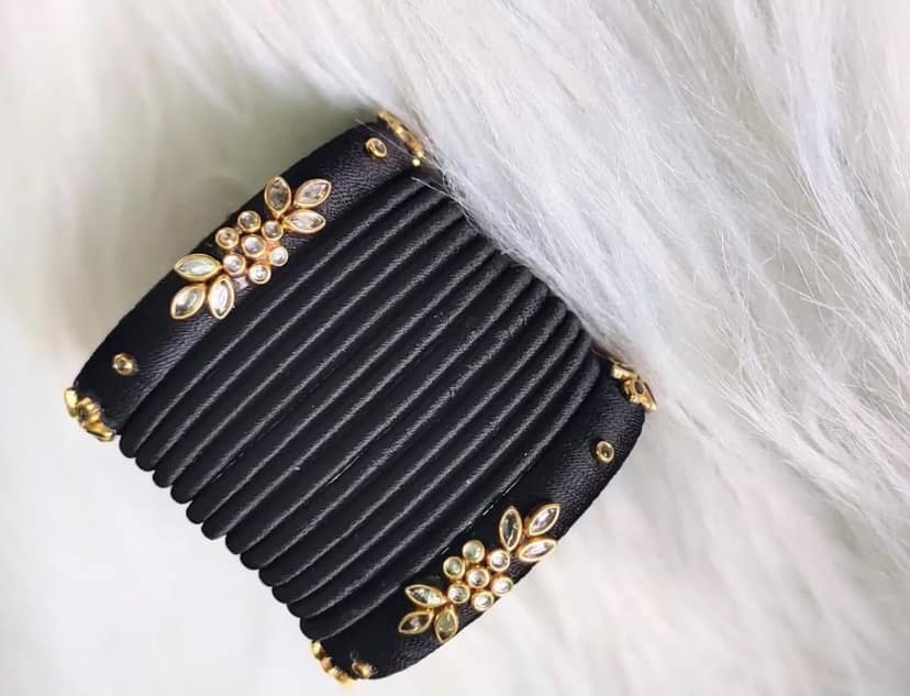 Black Silk Thread Bangle Set with Stone and Pearl Embellishment view 2