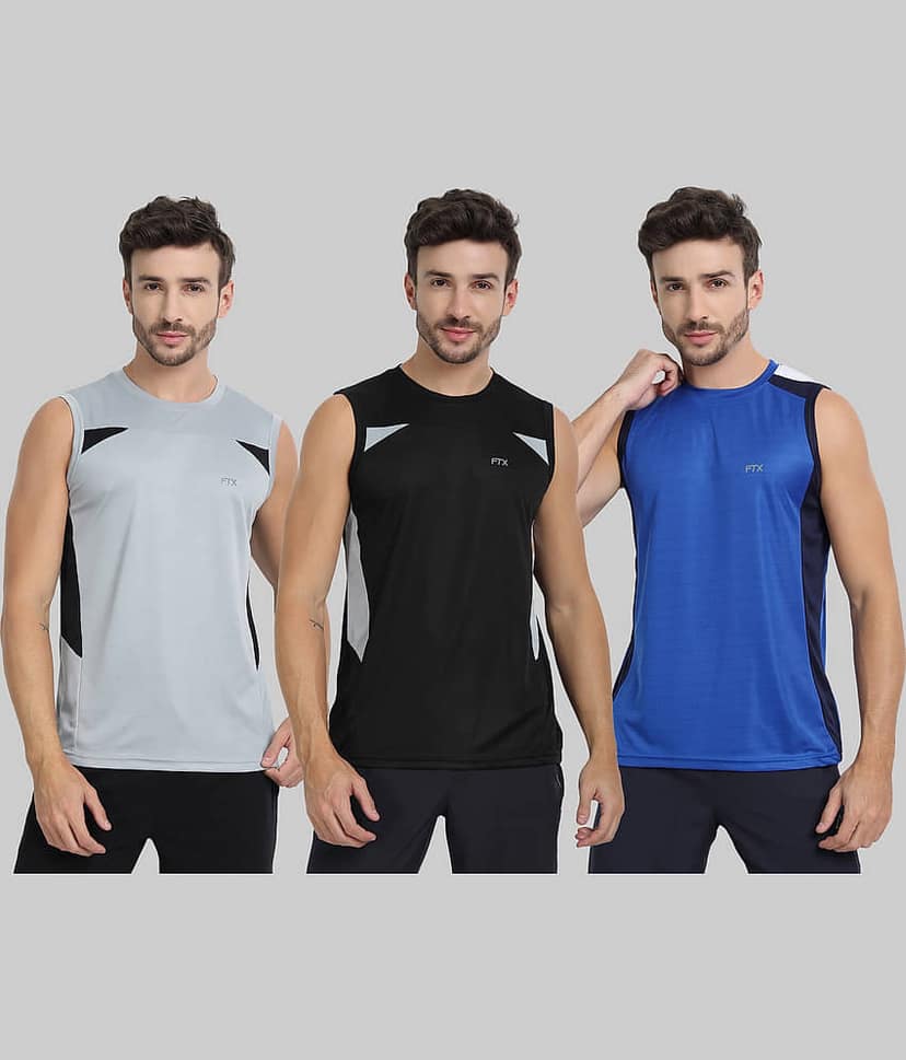 FTX Polyester Regular Fit Colorblock Sleeveless Men's Round T-Shirt - Grey ( Pack of 3 )