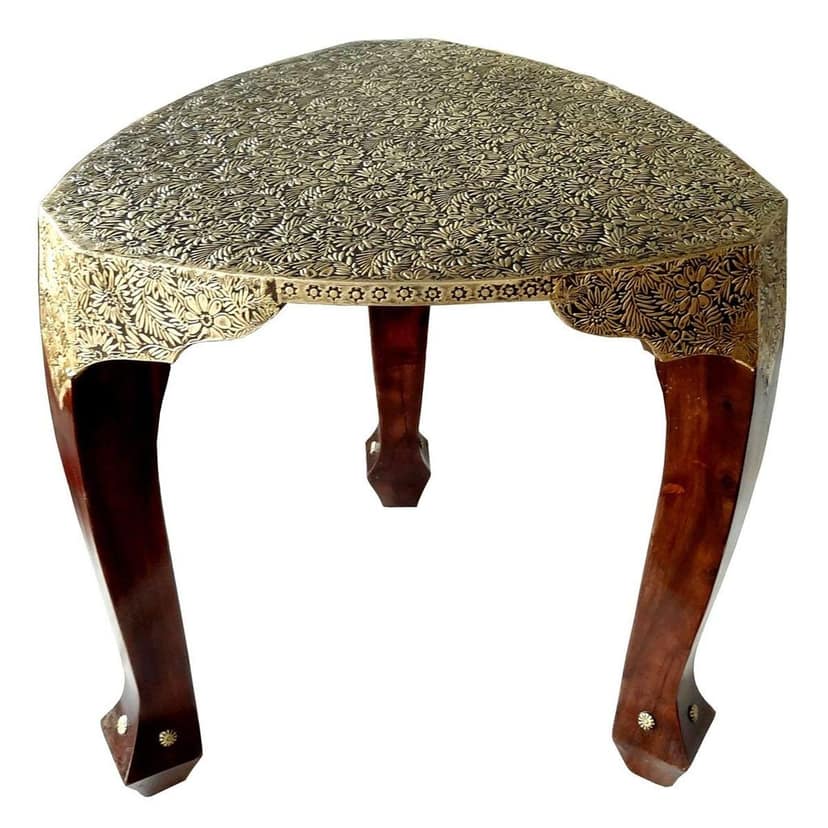 Creative Handicraft45 Brown & Gold Color Wooden with Brass Work 3 Leg Stool | Wood Stool | Wood Table | 3 Leg Stool | Side Table view 2