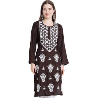 Numak Women Chikan Embroidery Straight Kurta (Brown, White)