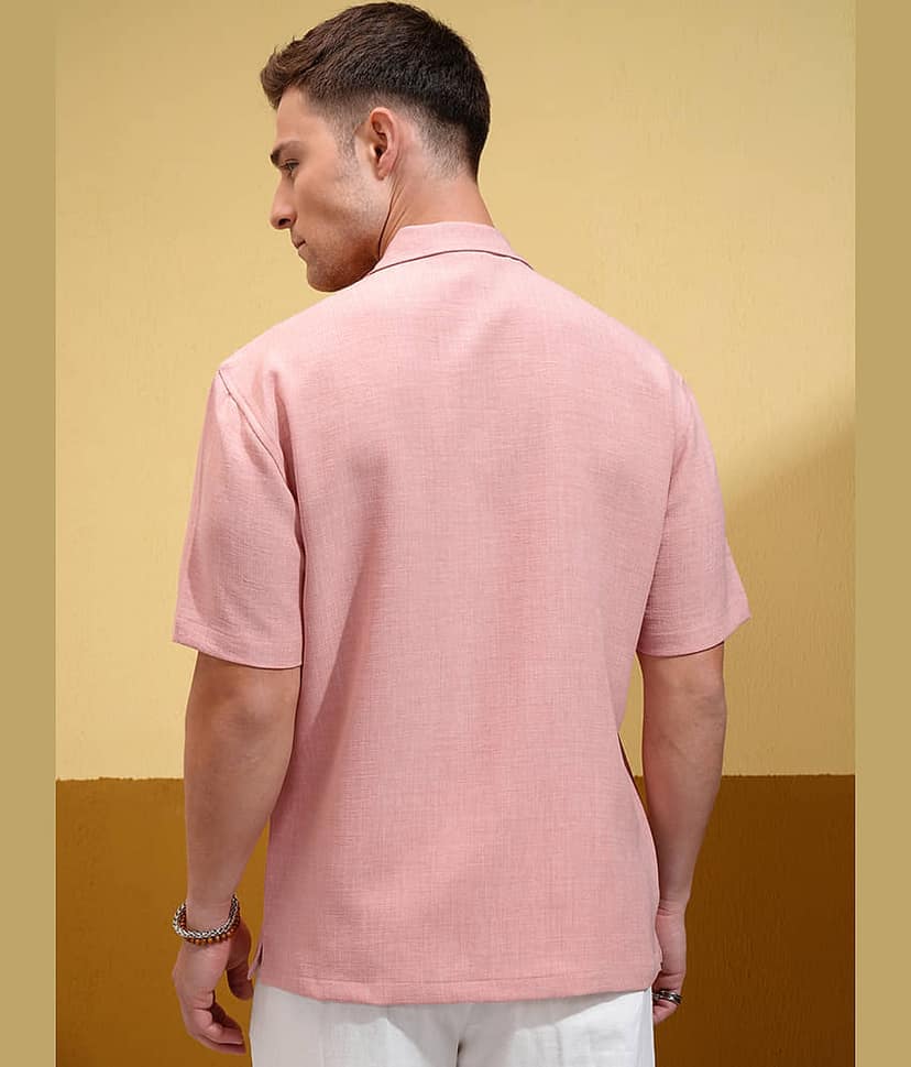 Locomotive Polyester Oversized Fit Self Design Half Sleeves Cuban Collar Men's Casual Shirt - Peach ( Pack of 1 ) view 3