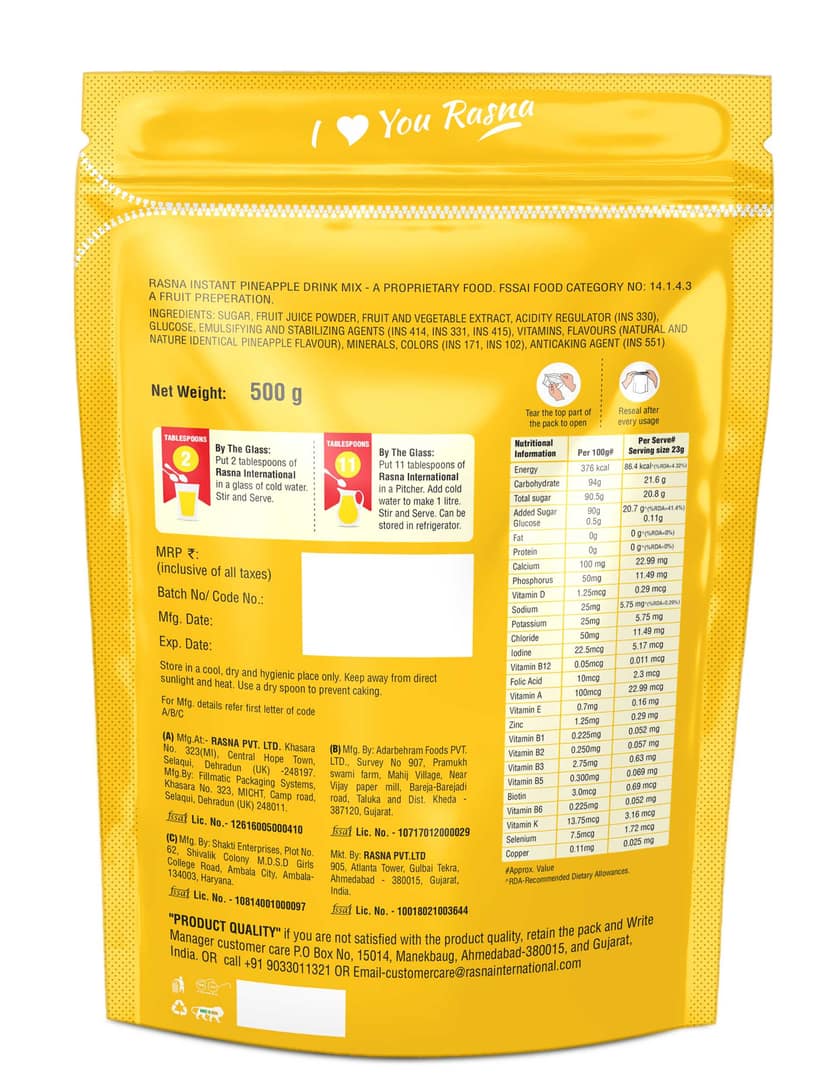 Insta Fruit Preparation 500g Pouch, Pineapple