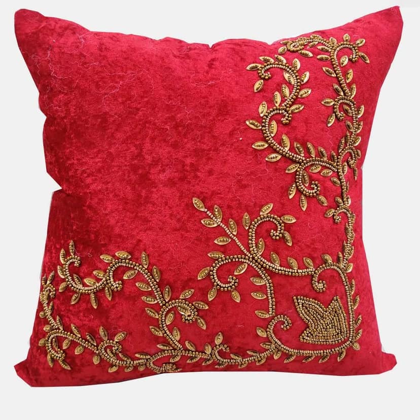 Suede Cream Off White Maroon Multicolor Set of 3 Ethnic Beaded Embroidered Square Combo Cushion Covers for Sofa Home Bedroom (16x16 inch or 40 x 40 cm) view 2