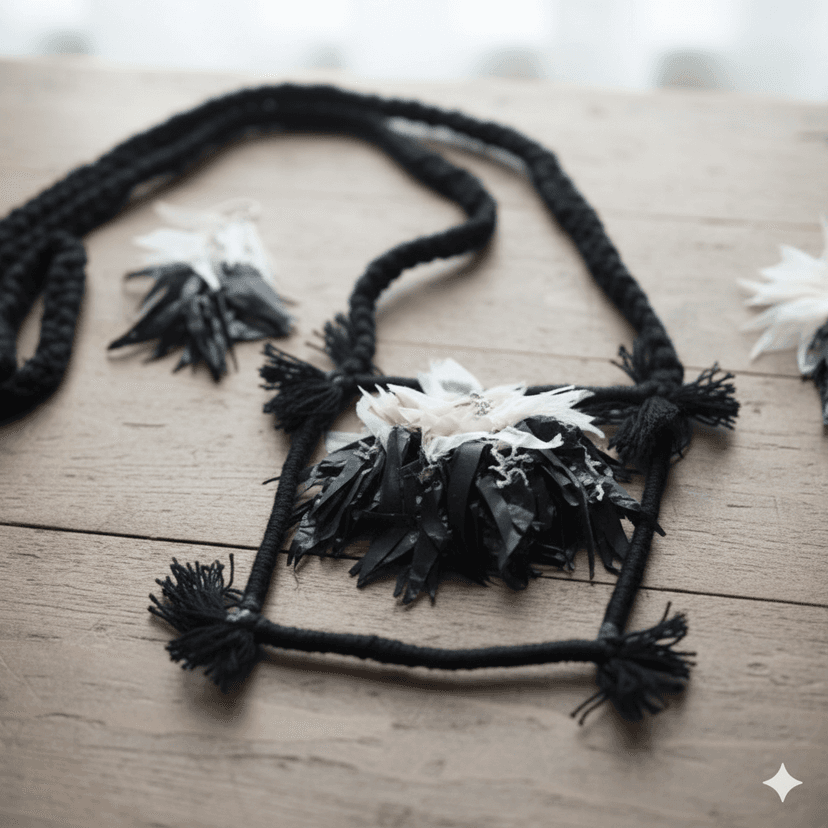 Jhuri Bhaja Traditional Jewelry Set | Handcrafted Black & White Tassel Necklace with Earrings | Lightweight Ethnic Wear view 2