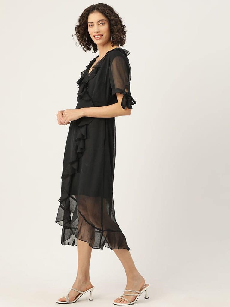 Solid Puff Sleeve Ruffled Chiffon A-Line Midi Dress view 3