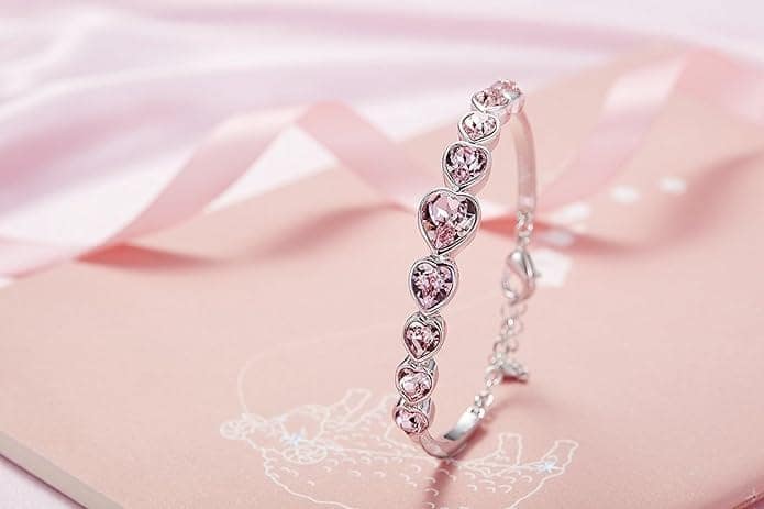 Shining Diva Fashion Platinum Plated Austrian Crystal Stylish Bracelet for Women and Girls (Pink Crystal Hearts) view 3