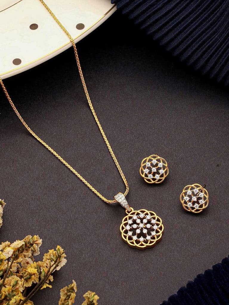 Gold Toned Cubic Zircon Studded Floral Designer Minimal Locket Pendant Jewellery Set