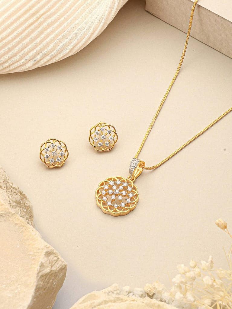 Gold Toned Cubic Zircon Studded Floral Designer Minimal Locket Pendant Jewellery Set view 4