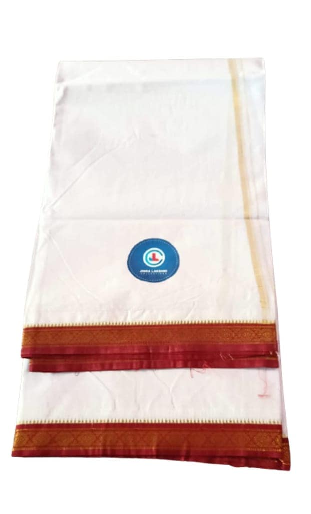 Jinka Lakshmi Collections Combo White Cotton Dhoti With Big Borders 4 Meters Unstitched Pack of 2 (Multicolor-6) view 5