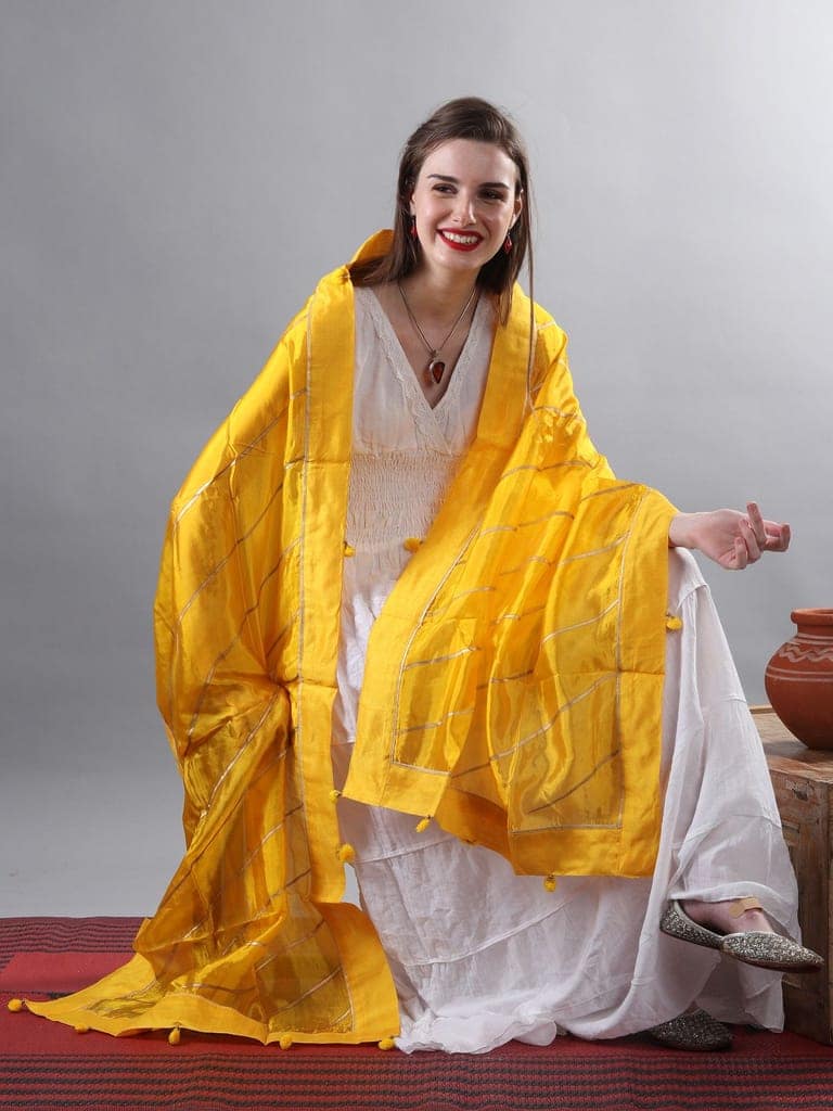 Mustard-Yellow Gota Dupatta from Amritsar with Patch Border and Pom-Poms