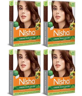 Nisha Creme Hair Color Natural Brown 40gm Pack of 4, Permanent Hair Color for Women Men, No Ammonia, 100% Grey Coverage