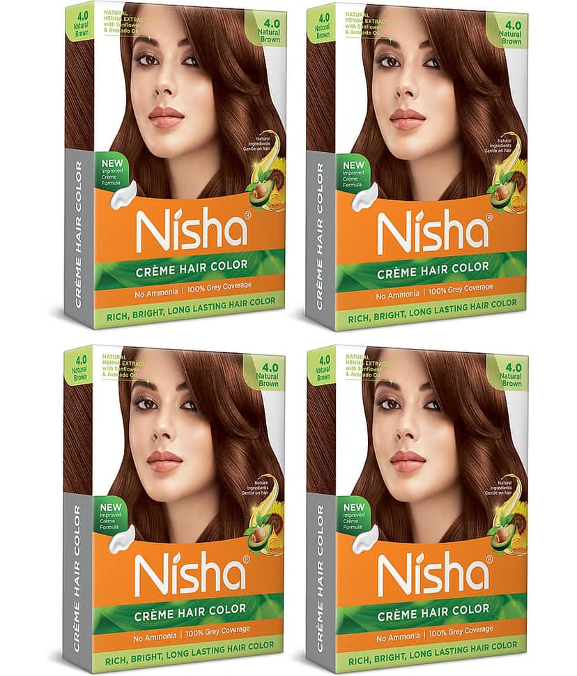 Nisha Creme Hair Color Natural Brown 40gm Pack of 4, Permanent Hair Color for Women Men, No Ammonia, 100% Grey Coverage