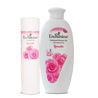 Enchanteur Romantic Perfumed Talc for Women, 250g & Enchanteur Romantic Perfumed Shower Gel (Body Wash) for Women, 250ml with Roses & Jasmine Extracts Enchanteur Romantic Perfumed Talc for Women, 250g & Enchanteur Romantic Perfumed Shower Gel (Body Wash)