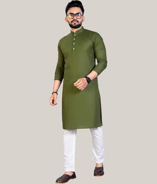 YUG ART Cotton Blend Solid Relaxed Fit Kurta Pyjama Set For Men ( Olive Green )