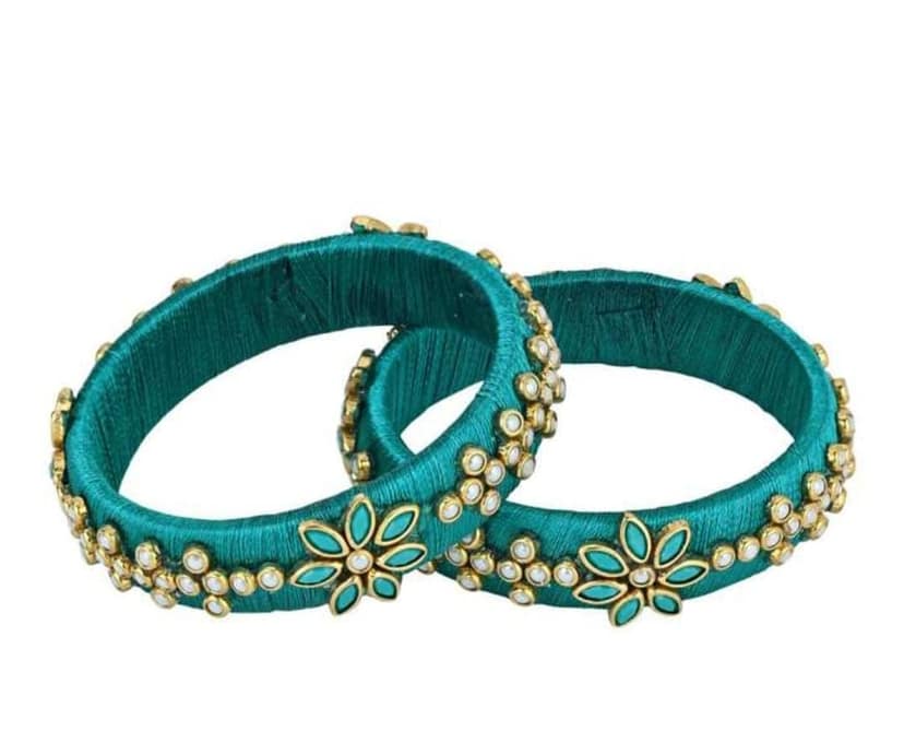 Green Silk Thread Bangle Set with Pearl and Kundan Flower Design view 2