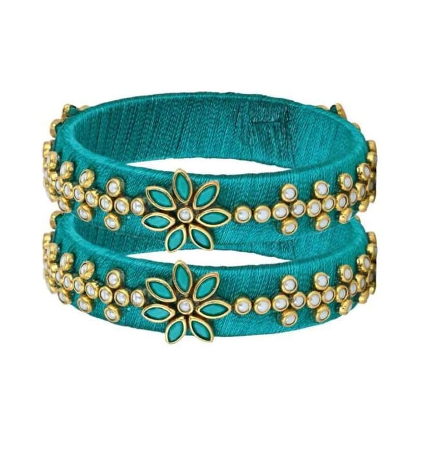 Green Silk Thread Bangle Set with Pearl and Kundan Flower Design view 3