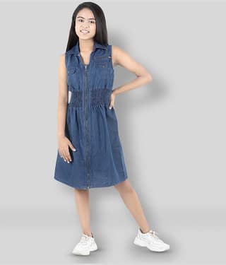 StyleStone Denim A-line Dress For Girls ( Pack of 1 , Blue )