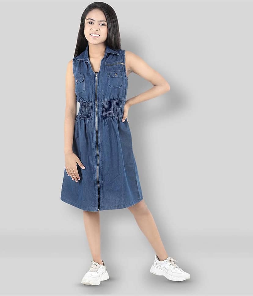 StyleStone Denim A-line Dress For Girls ( Pack of 1 , Blue )