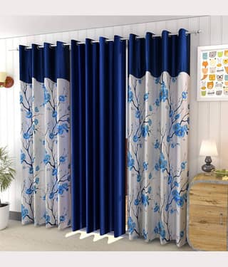 Kraftiq Homes Floral Semi-Transparent Eyelet Curtain 7 ft ( Pack of 3 ) - Blue
