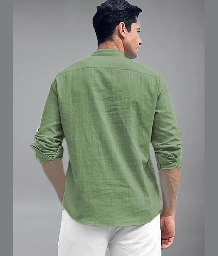 BHUVIKOO Cotton Blend Plain Shirt Style Kurta For Men ( Light Green ) view 2