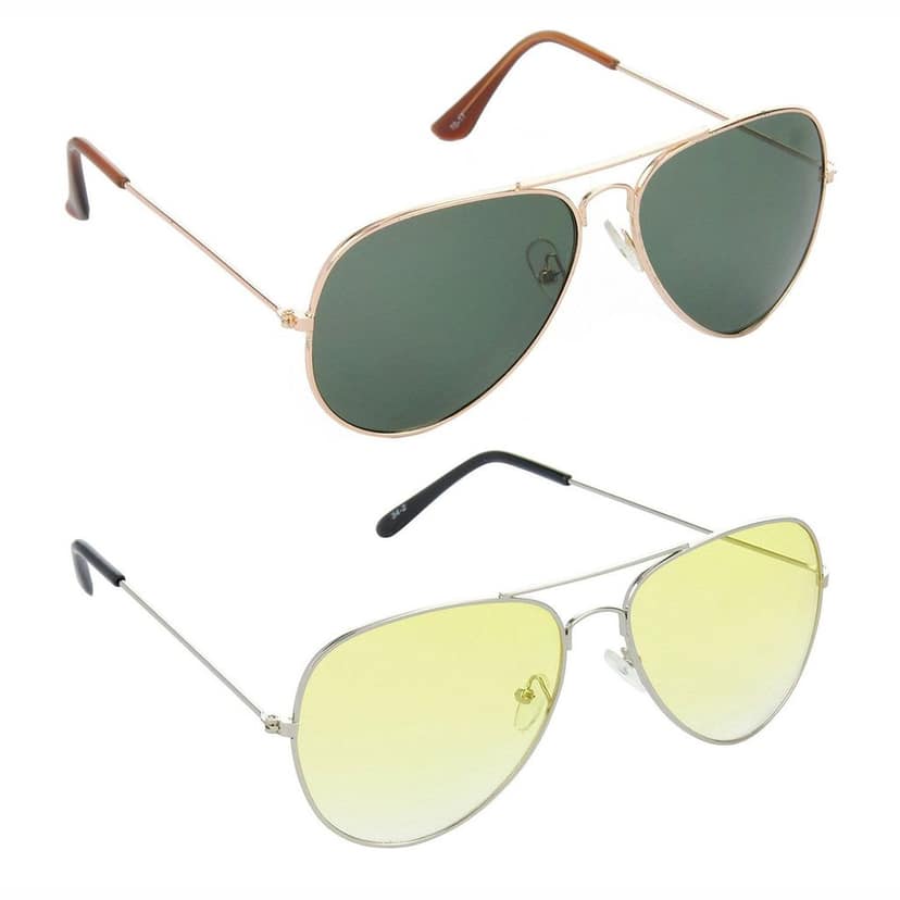 HRINKAR Men Women Boys & Girls Pilot Sunglasses Golden & Silver Frame, Green & Yellow Lens (Medium) Pack of - 2