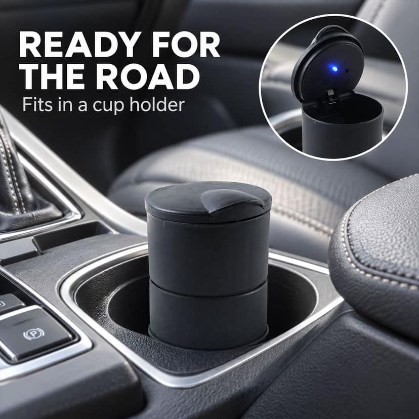 BB Portable Car Ashtray with Flip Top Lid and Blue LED Light for Vehicles (1 Pc) view 2