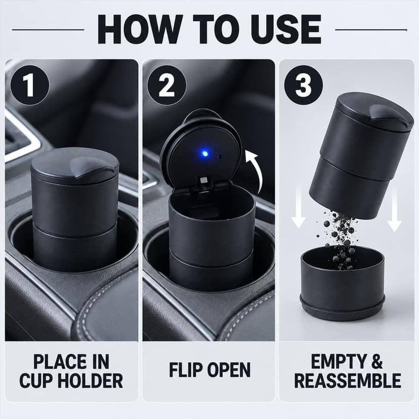 BB Portable Car Ashtray with Flip Top Lid and Blue LED Light for Vehicles (1 Pc) view 3
