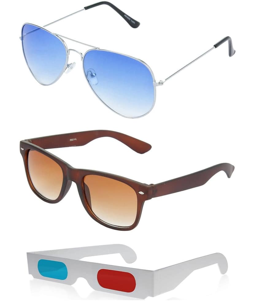 HRINKAR Pilot And Rectangular Stylish Sunglasses For Men And Women (Blue And Brown Lens | Silver And Brown Frame - HCMB048) With Free Paper 3D Glass