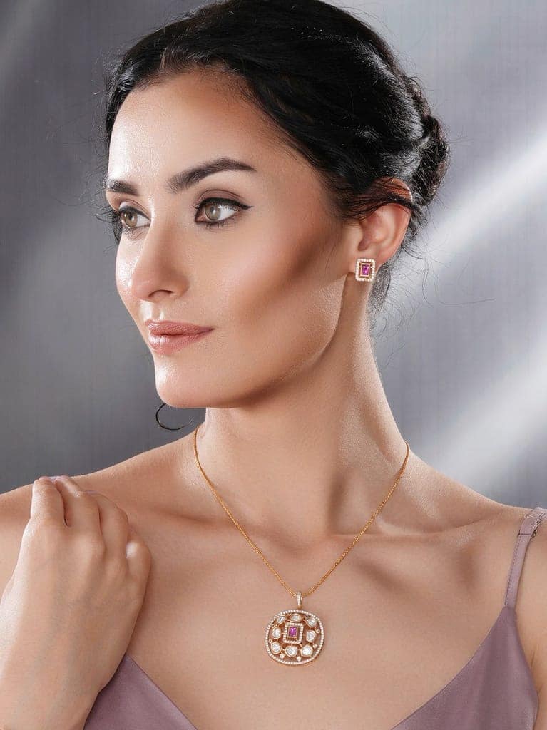 Gold Plated Ruby Red Kundan Studded Designer Locket Pendant Jewellery Set view 3