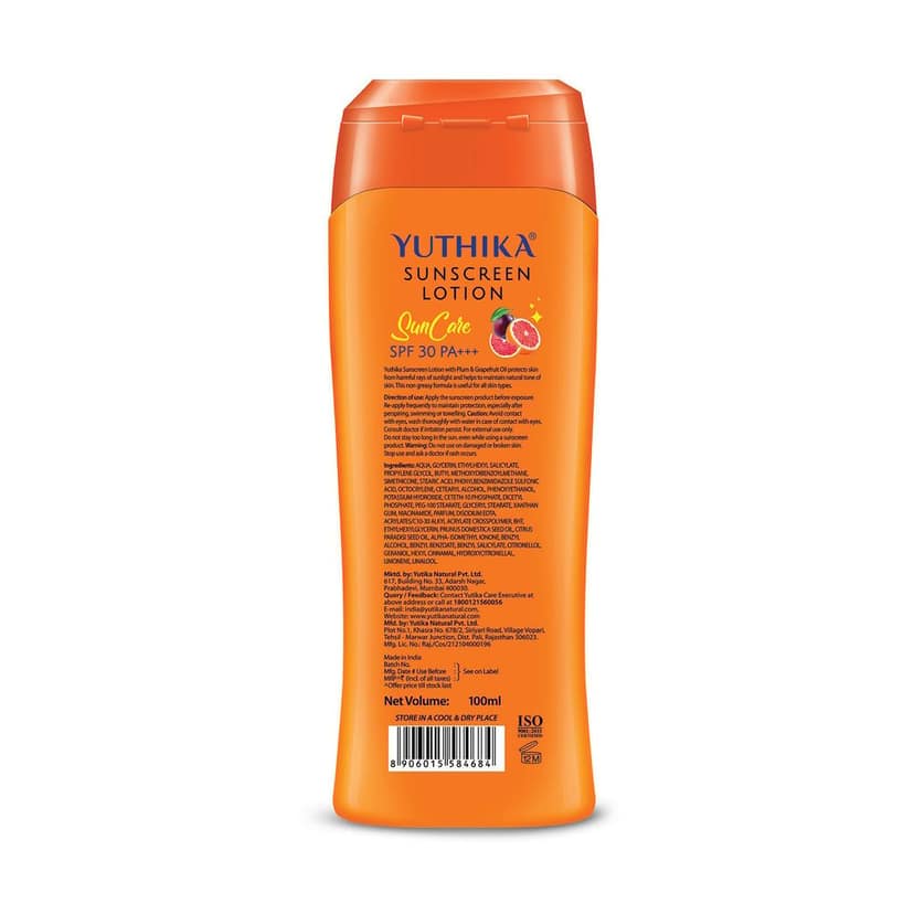 Yuthika Sunscreen Lotion SPF 30 PA+++ with UVA & UVB Protection, Sun Cream for All Skin Types - 100ml view 2