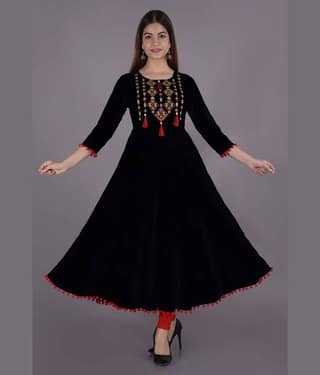 SHREE JEE FABRICS Pack of 1 Rayon Embroidered Anarkali Women's Kurti - ( BLACK )